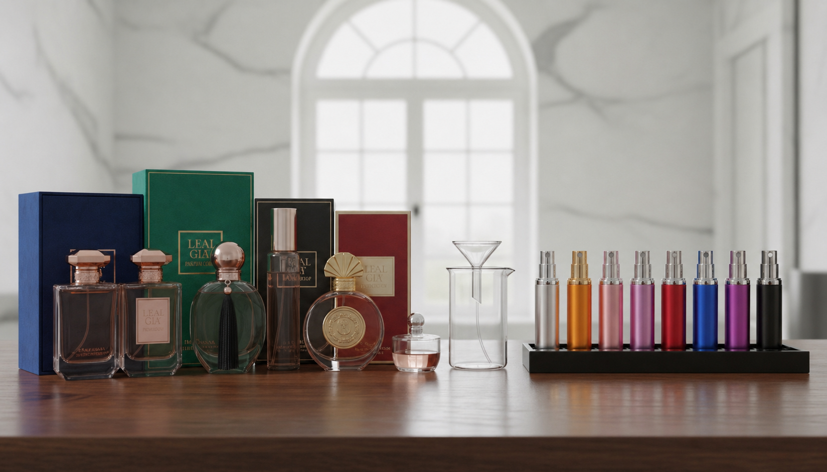 kolekcja luksusowych flakonów perfum obok funkcjonalnych odlewek
